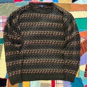 Vintage Icy Crew Arrow Striped Olive Green Sweater Medium